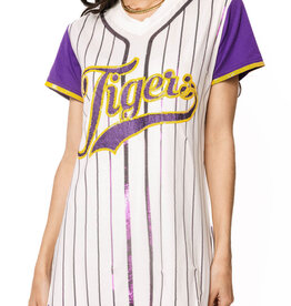 Queen of Sparkles Licensed LSU Striped Baseball Word Tee Dress