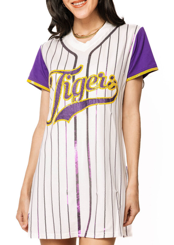 Queen of Sparkles Licensed LSU Striped Baseball Word Tee Dress