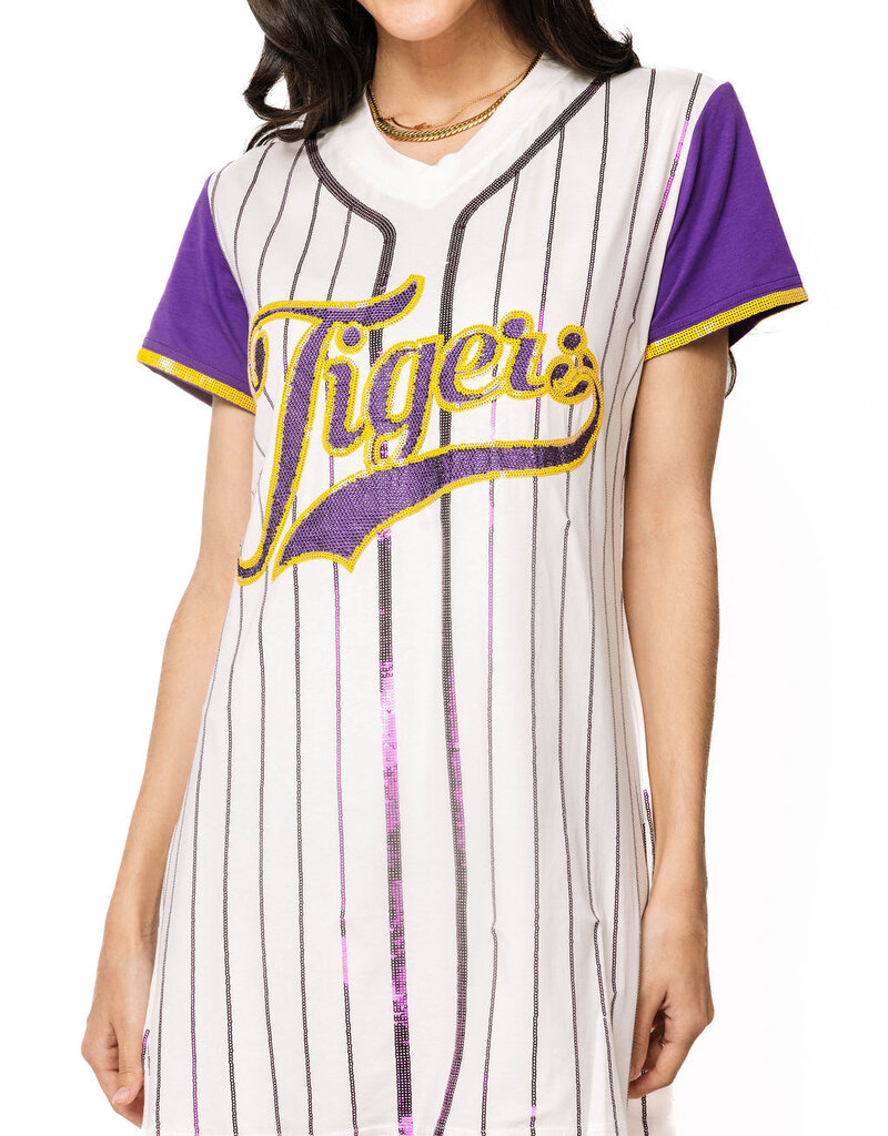 Queen of Sparkles Licensed LSU Striped Baseball Word Tee Dress
