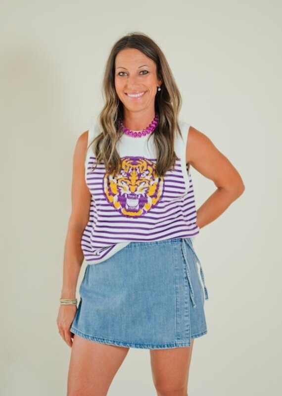 Queen of Sparkles Licensed LSU Mascot Striped Knit Tank