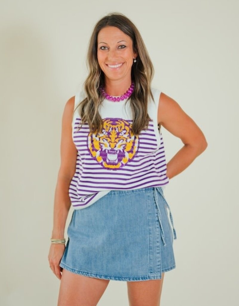 Queen of Sparkles Licensed LSU Mascot Striped Knit Tank
