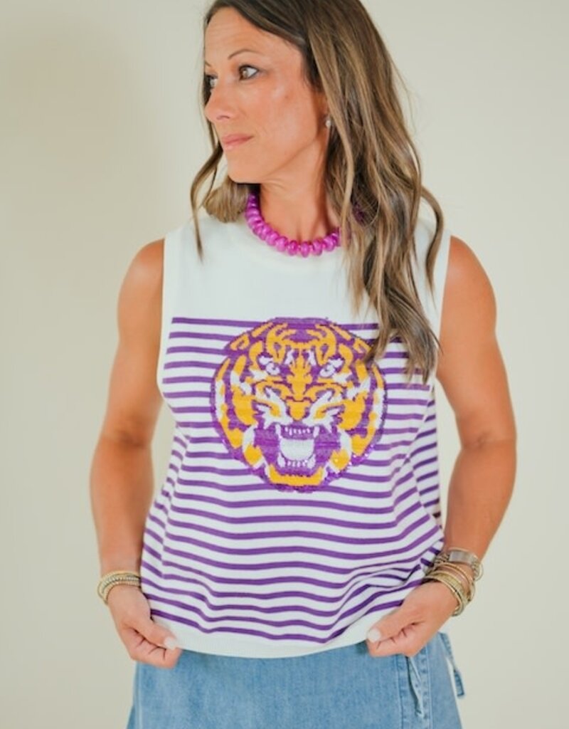 Queen of Sparkles Licensed LSU Mascot Striped Knit Tank