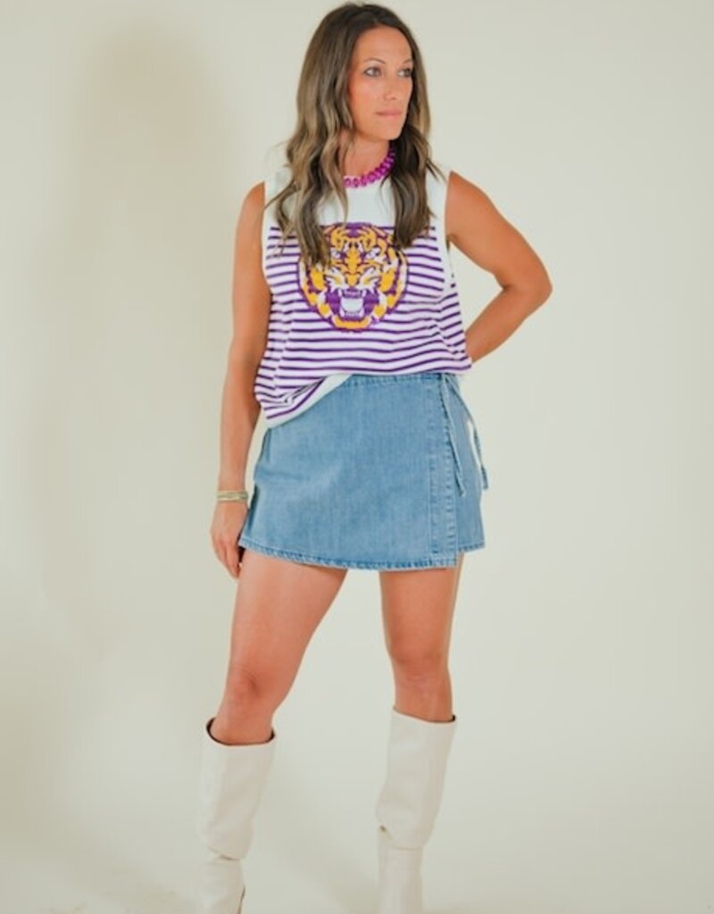 Queen of Sparkles Licensed LSU Mascot Striped Knit Tank
