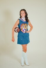 Queen of Sparkles Licensed LSU Scattered Jewel Denim Mascot Tank Dress
