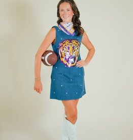 Queen of Sparkles Licensed LSU Scattered Jewel Denim Mascot Tank Dress
