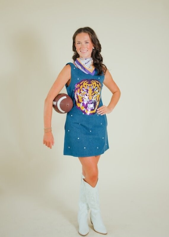 Queen of Sparkles Licensed LSU Scattered Jewel Denim Mascot Tank Dress