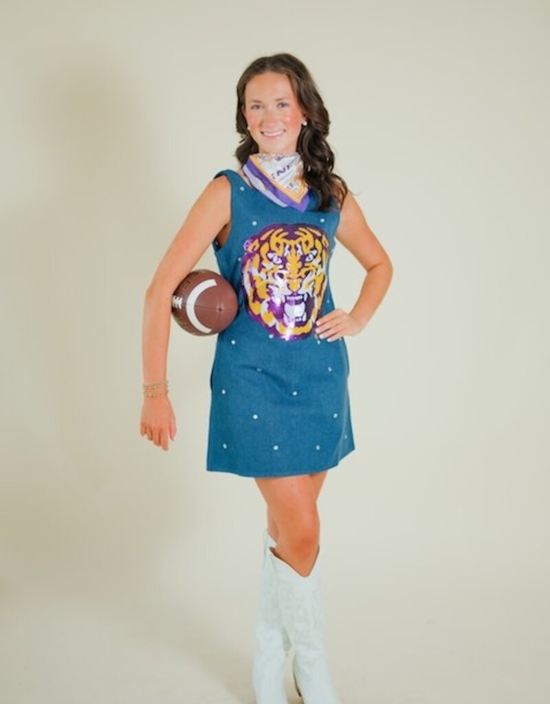 Queen of Sparkles Licensed LSU Scattered Jewel Denim Mascot Tank Dress