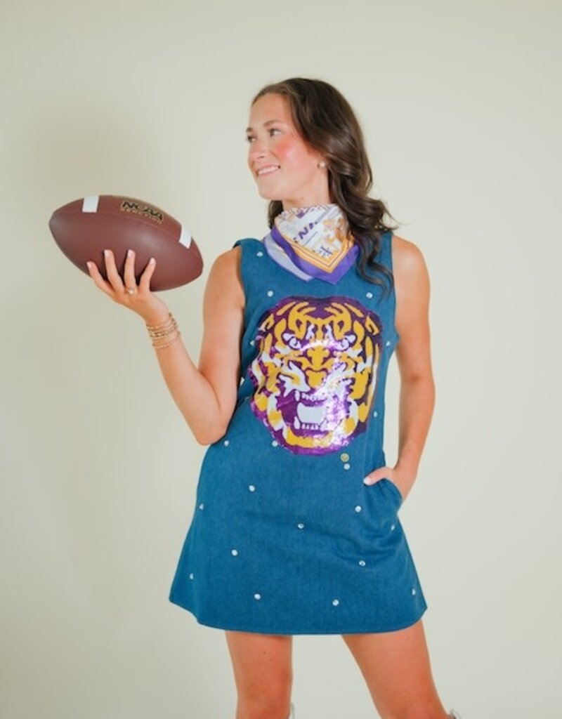 Queen of Sparkles Licensed LSU Scattered Jewel Denim Mascot Tank Dress