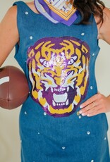 Queen of Sparkles Licensed LSU Scattered Jewel Denim Mascot Tank Dress