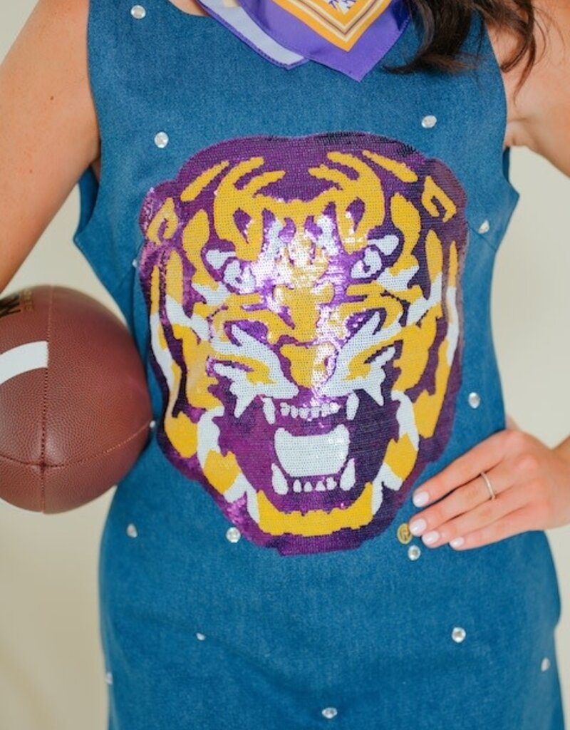 Queen of Sparkles Licensed LSU Scattered Jewel Denim Mascot Tank Dress