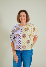 Queen of Sparkles Licensed LSU Polka Dot Colorblock Button Up Top