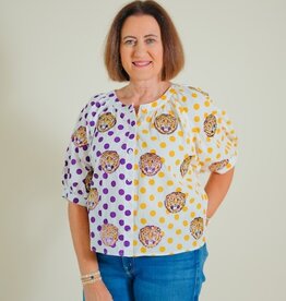 Queen of Sparkles Licensed LSU Polka Dot Colorblock Button Up Top