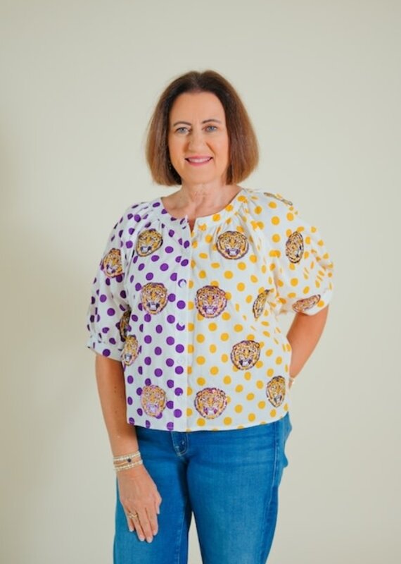 Queen of Sparkles Licensed LSU Polka Dot Colorblock Button Up Top