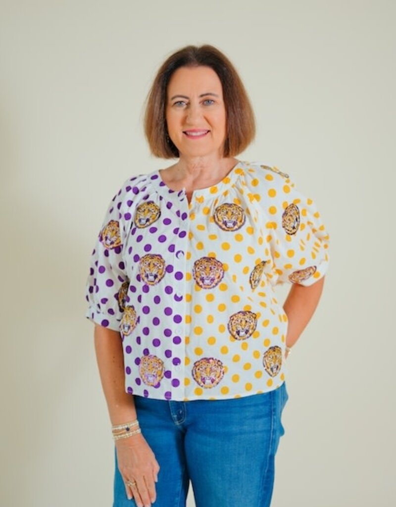 Queen of Sparkles Licensed LSU Polka Dot Colorblock Button Up Top