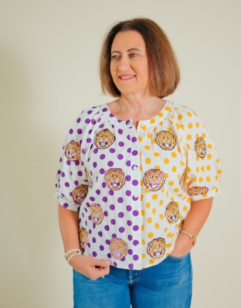 Queen of Sparkles Licensed LSU Polka Dot Colorblock Button Up Top