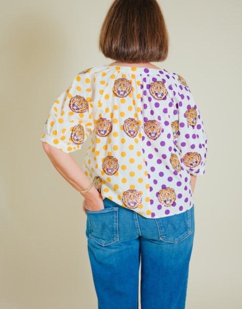 Queen of Sparkles Licensed LSU Polka Dot Colorblock Button Up Top