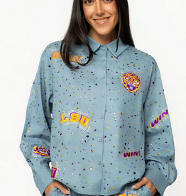 Queen of Sparkles Licensed LSU Denim Multi Rhinestone Button Up