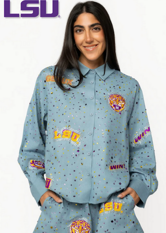 Queen of Sparkles Licensed LSU Denim Multi Rhinestone Button Up