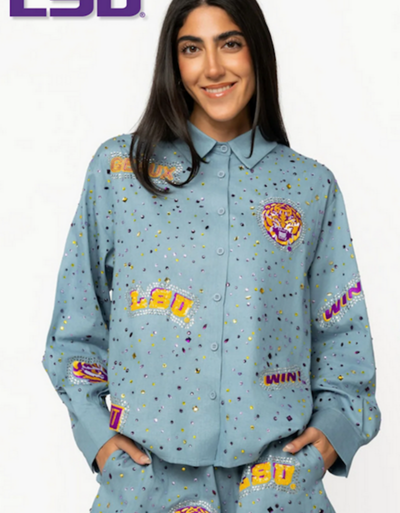 Queen of Sparkles Licensed LSU Denim Multi Rhinestone Button Up