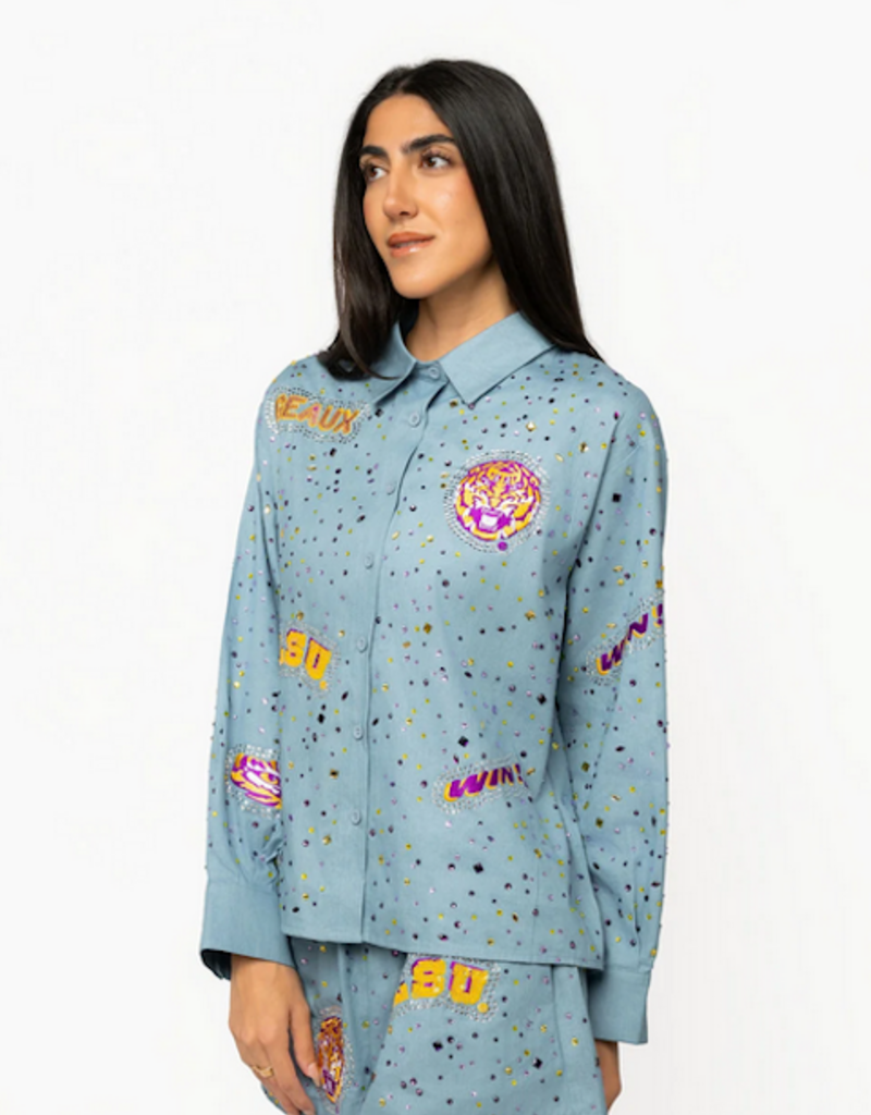 Queen of Sparkles Licensed LSU Denim Multi Rhinestone Button Up