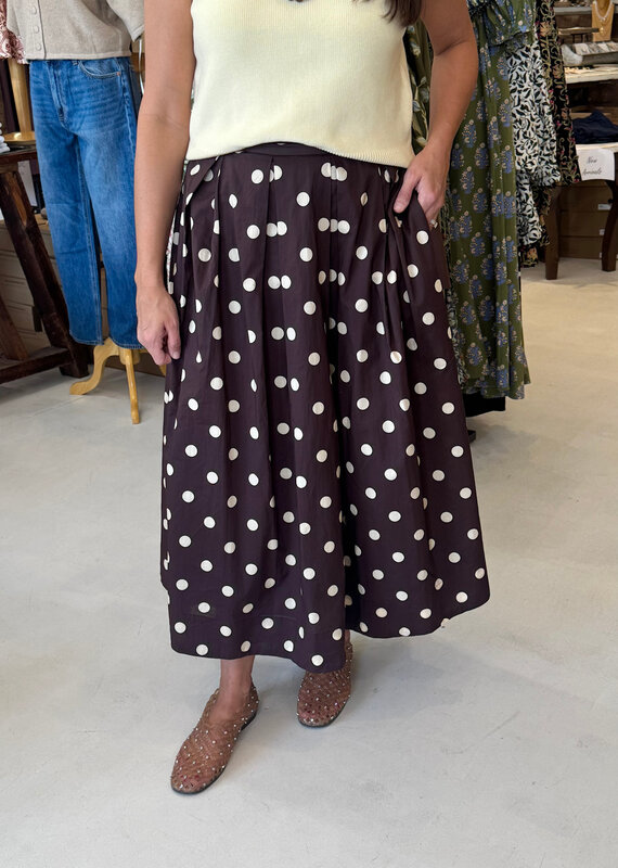 Brown Polka Dot Pleated Midi Skirt