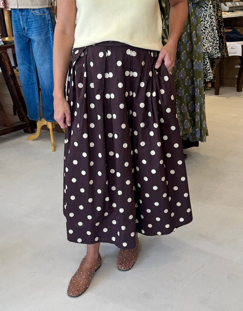 Brown Polka Dot Pleated Midi Skirt