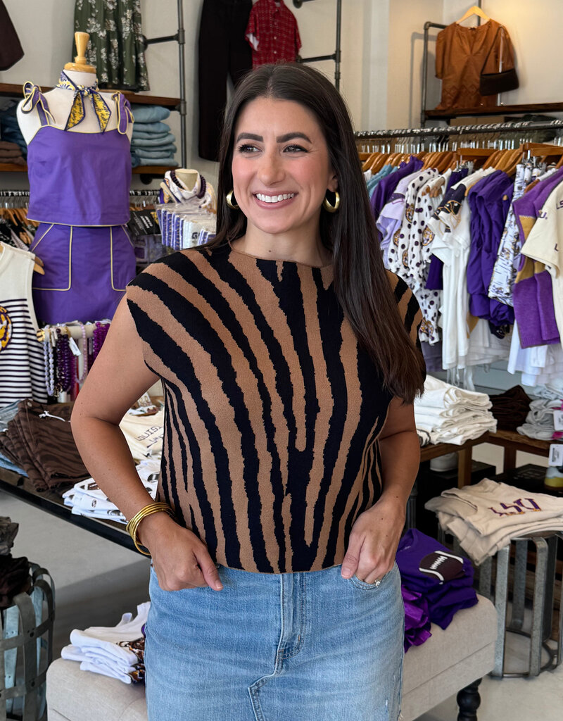 Tiger Print Mock Neck Sweater Top