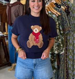 Teddy Bear Jacquard Knit Sweater Top Navy