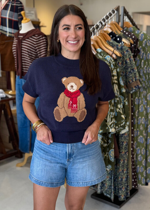 Teddy Bear Jacquard Knit Sweater Top Navy