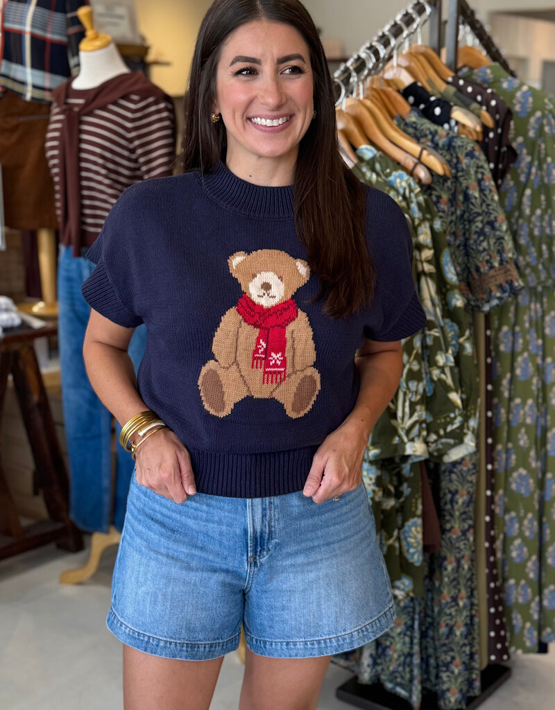 Teddy Bear Jacquard Knit Sweater Top Navy