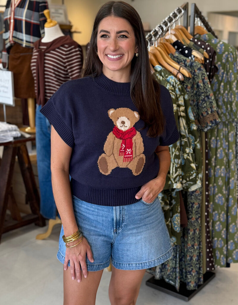 Teddy Bear Jacquard Knit Sweater Top Navy