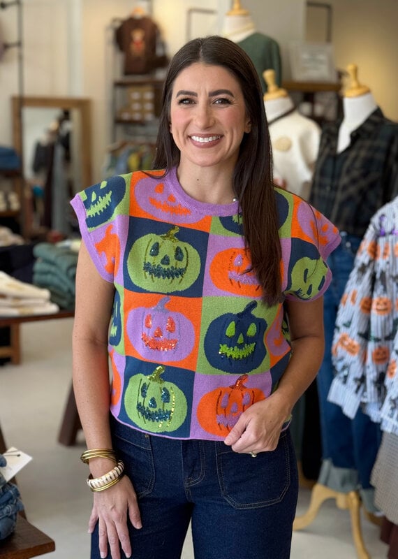 Queen of Sparkles Multi Checkered Pumpkin Knit Top