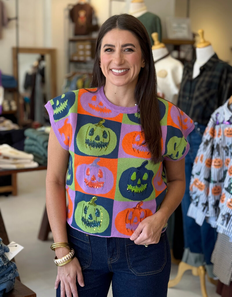 Queen of Sparkles Multi Checkered Pumpkin Knit Top