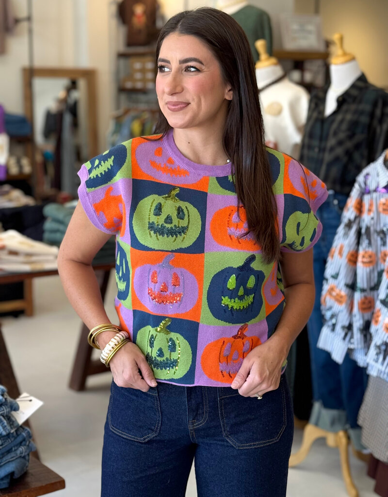 Queen of Sparkles Multi Checkered Pumpkin Knit Top