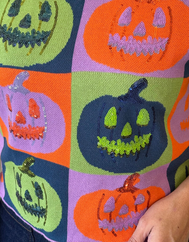 Queen of Sparkles Multi Checkered Pumpkin Knit Top