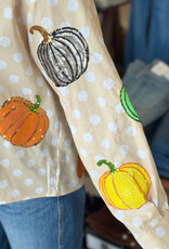 Queen of Sparkles Beige & White Polka Dot Multi Pumpkin Button Up