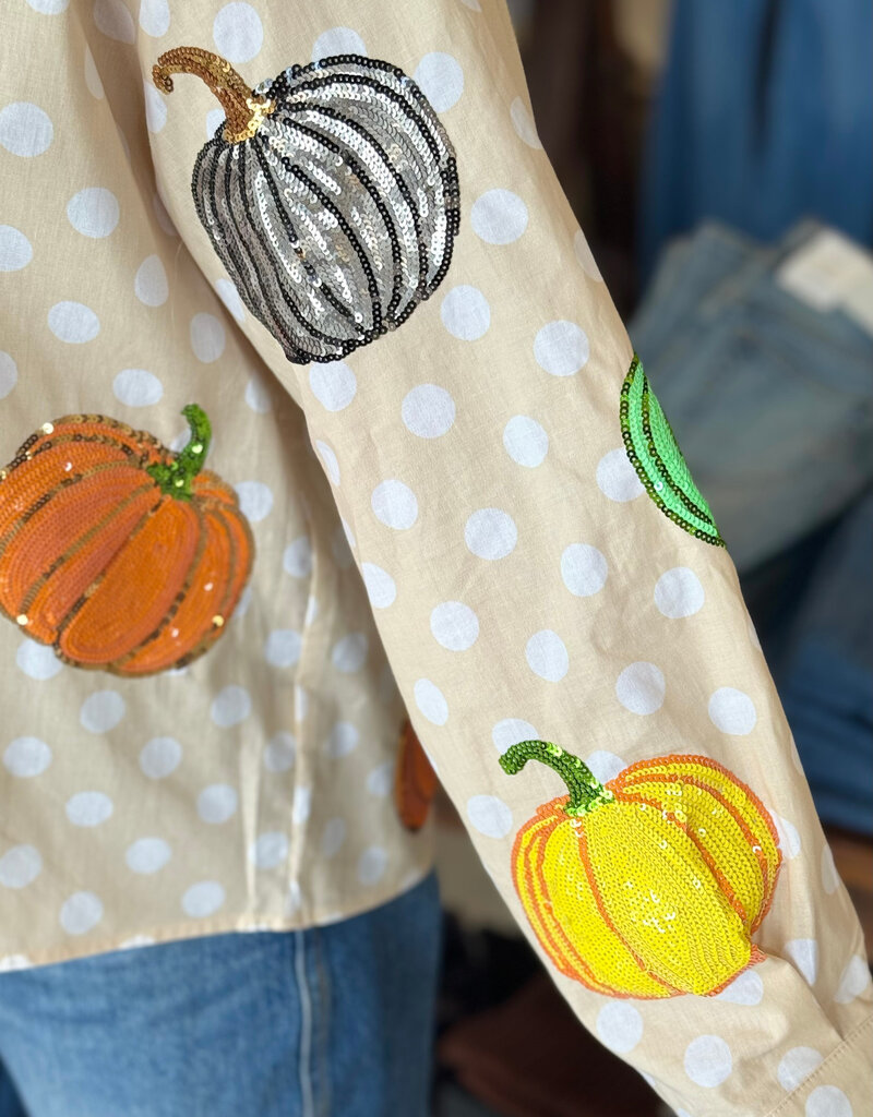 Queen of Sparkles Beige & White Polka Dot Multi Pumpkin Button Up