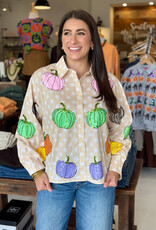 Queen of Sparkles Beige & White Polka Dot Multi Pumpkin Button Up