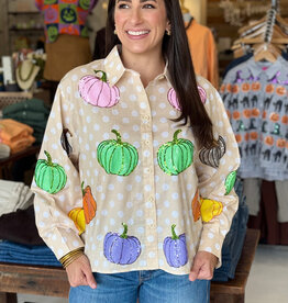 Queen of Sparkles Beige & White Polka Dot Multi Pumpkin Button Up