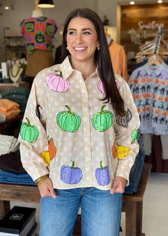 Queen of Sparkles Beige & White Polka Dot Multi Pumpkin Button Up