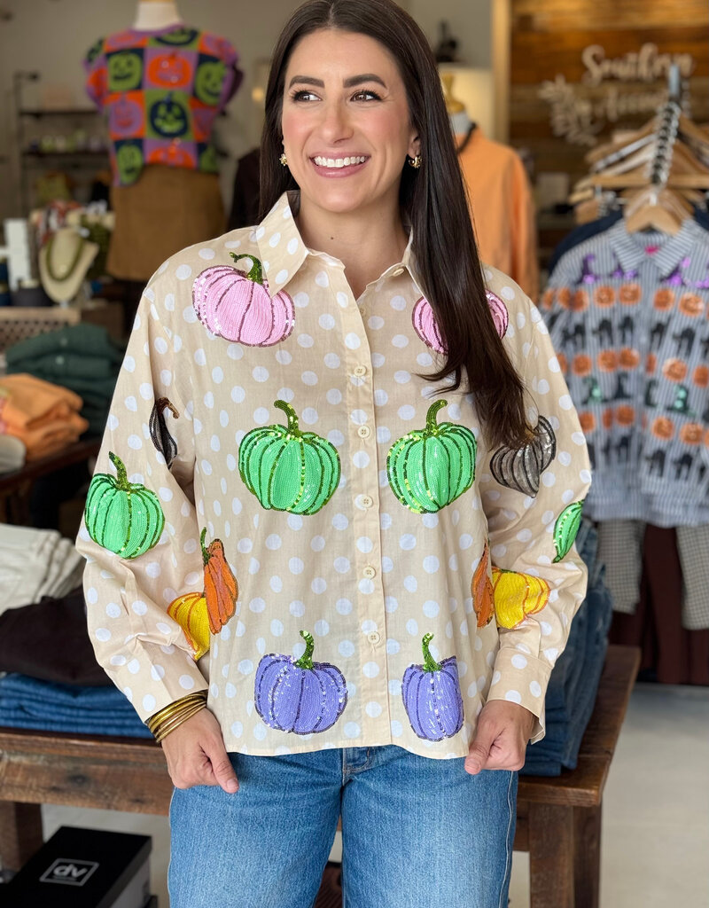Queen of Sparkles Beige & White Polka Dot Multi Pumpkin Button Up