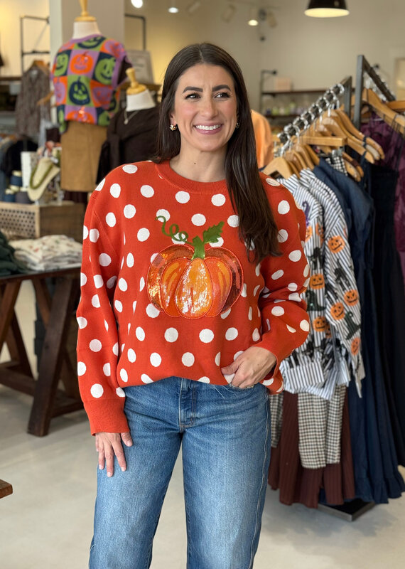 Queen of Sparkles Orange Polkadot Pumpkin Sweater