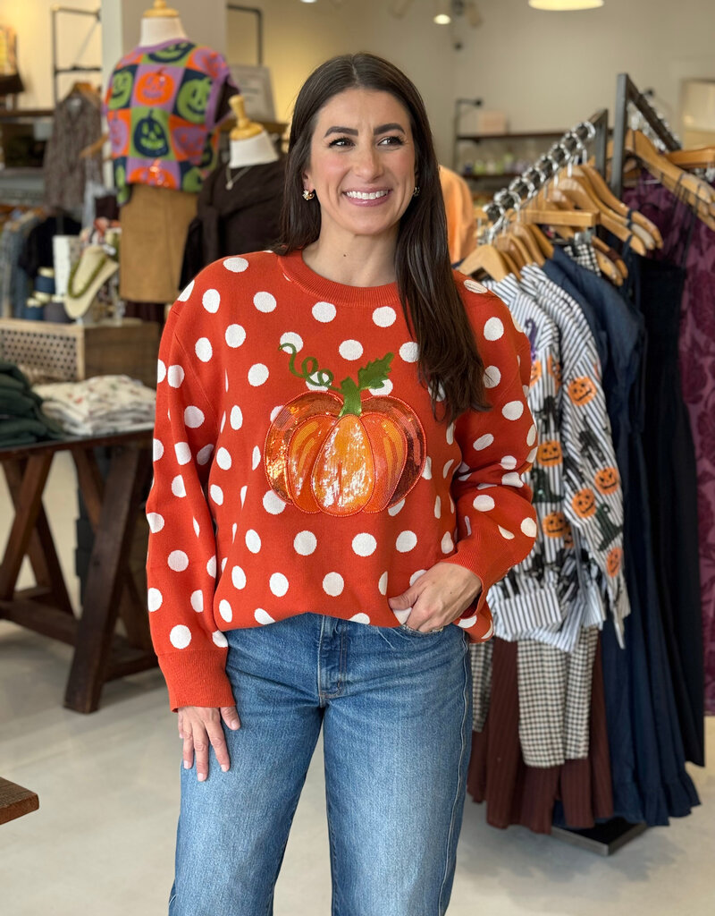 Queen of Sparkles Orange Polkadot Pumpkin Sweater