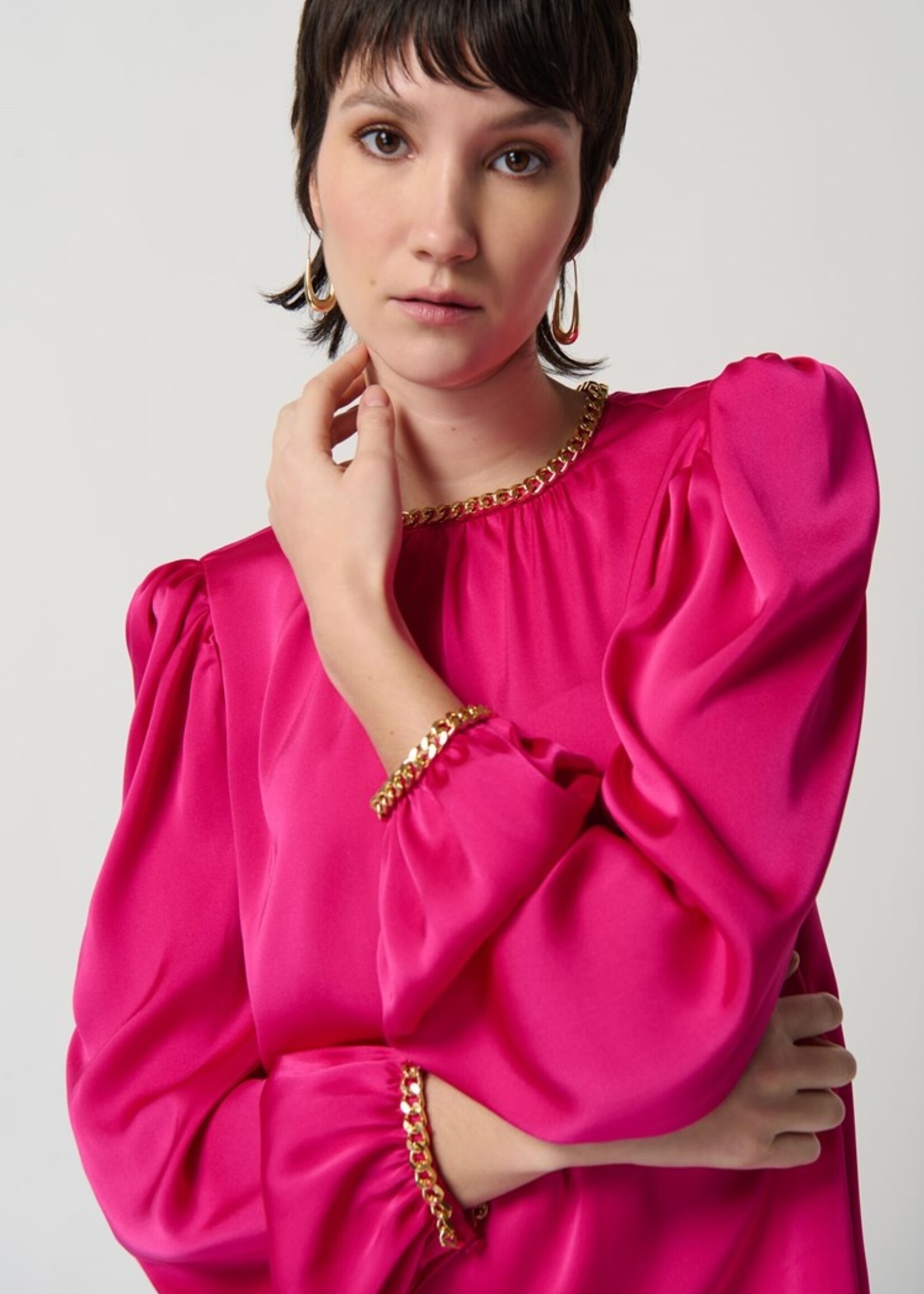 Joseph Ribkoff Satin Puff Sleeve Top With Gold Chain