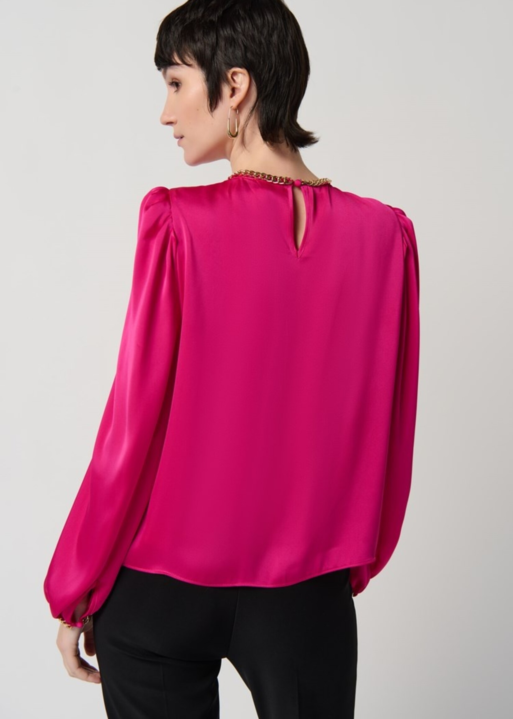 Joseph Ribkoff Satin Puff Sleeve Top With Gold Chain