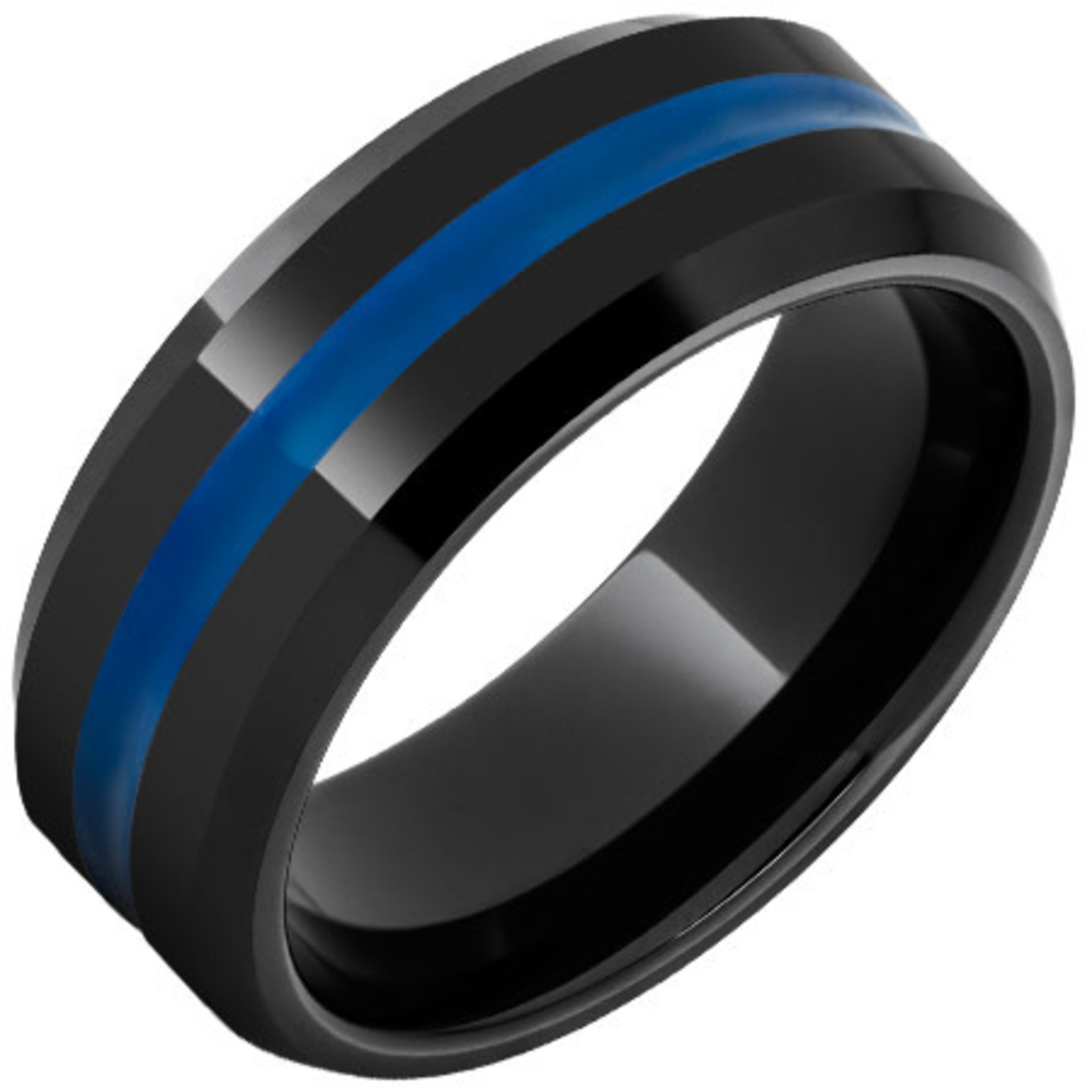 Serinium Wedding Bands Black Ceramic Beveled Edge Band with “Thin Blue Line” Inlay