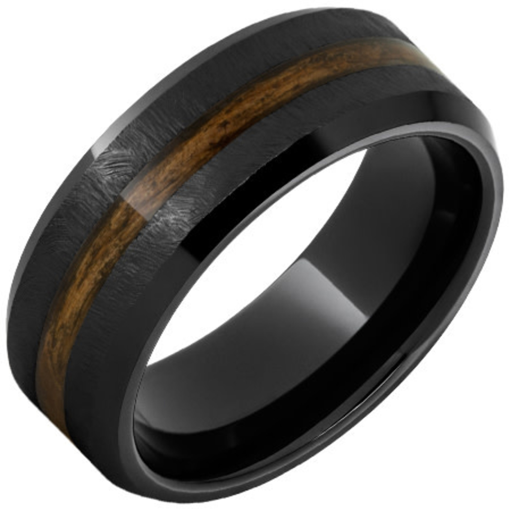 Serinium Wedding Bands Black Ceramic Beveled Edge Band with Bourbon Barrel Aged™ Inlay and Grain Finish