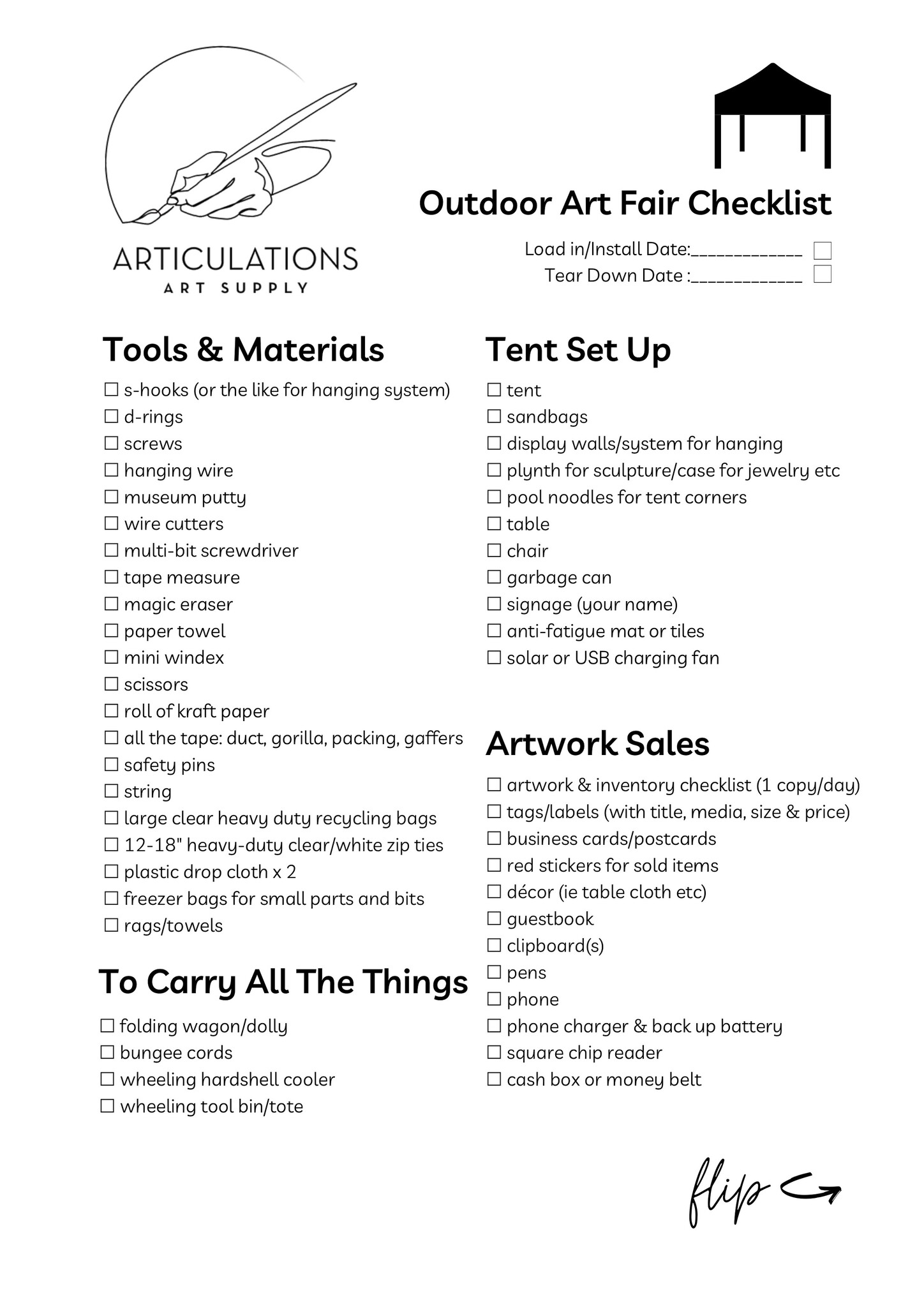 ARTiculations Art Fair Checklist Page 1