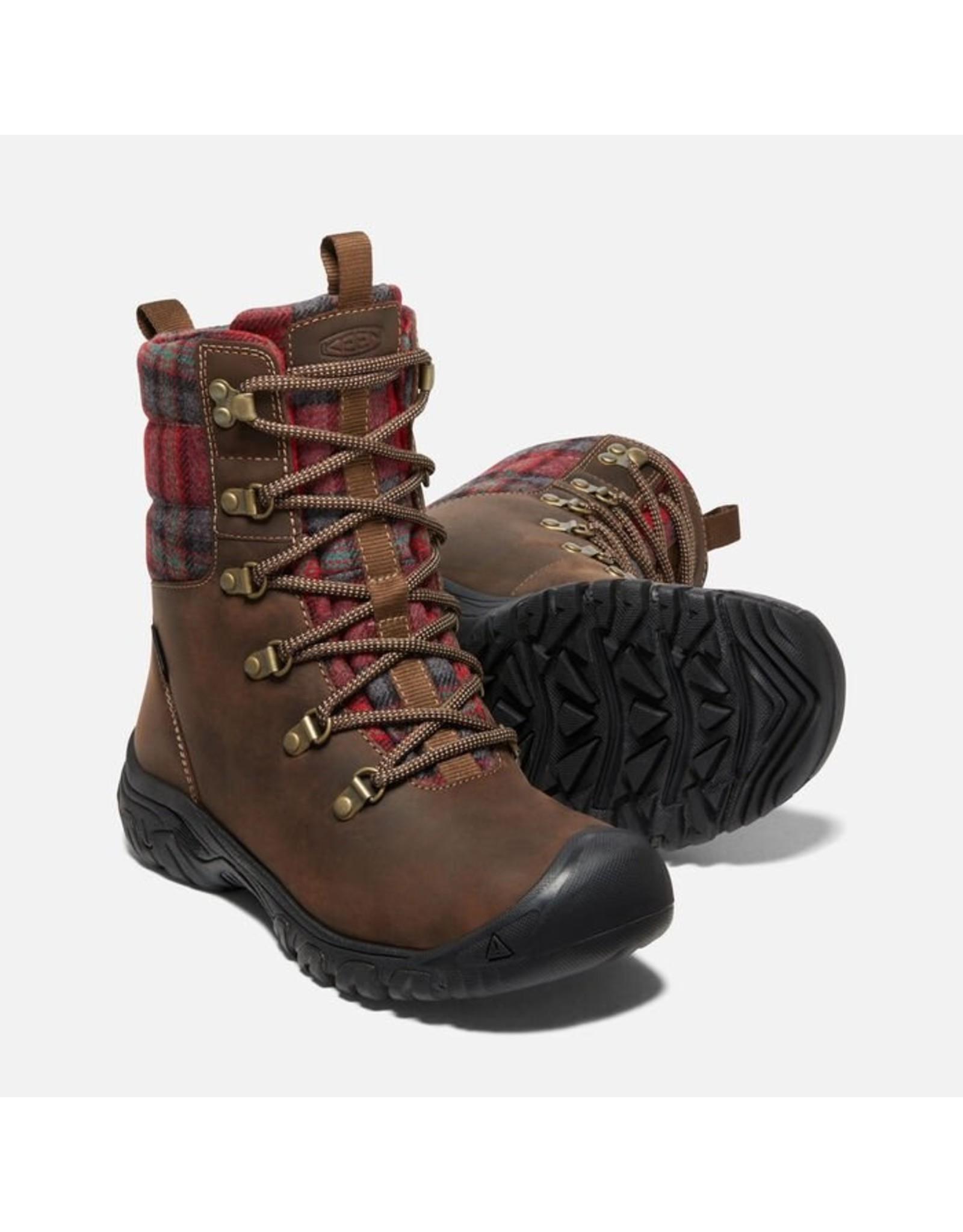 KEEN WOMEN'S GRETA WP BOOT-DARK BROWN/RED PLAID