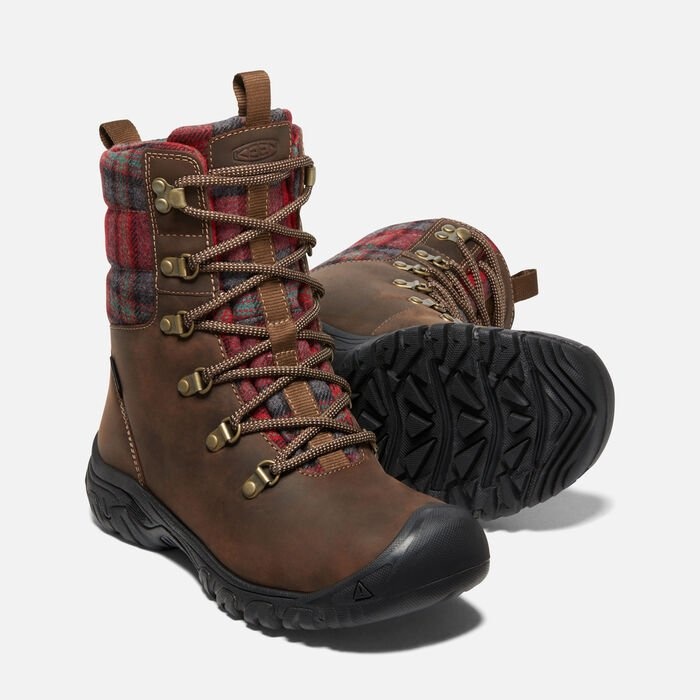 KEEN WOMEN'S GRETA WP BOOT-DARK BROWN/RED PLAID